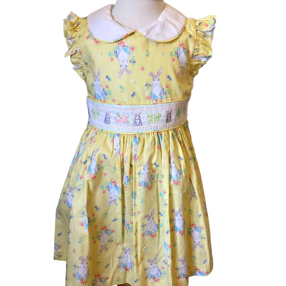 Bonnie Jean Girls 5 Easter Dress Yellow Bunnies Smocked Peter Pan